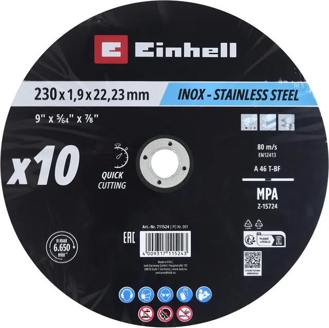 einhell-lote-de-10-discos-de-corte-230x2mm-para-metal-y-acero-inoxidable image 1